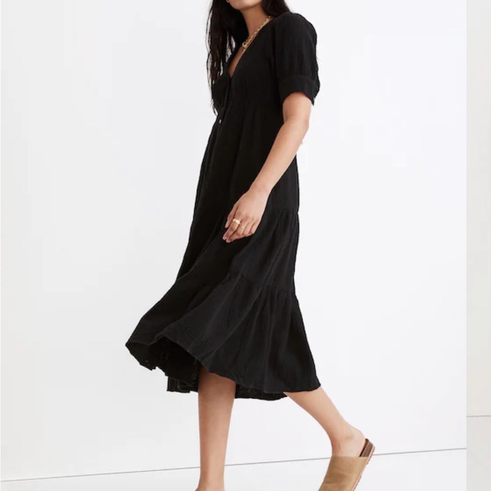 Madewell Lightspun Button-Front Tiered Midi Dress | Size 00 | Black